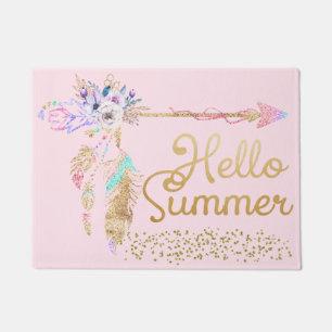 Blush Pink Gold Glitter Boho Feather Hello Summer Doormat