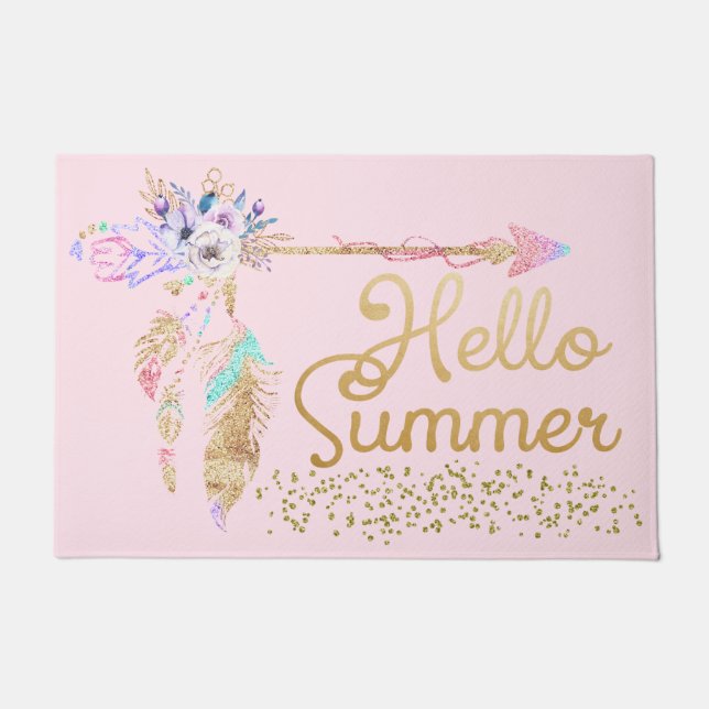 Blush Pink Gold Glitter Boho Feather Hello Summer Doormat (Front)