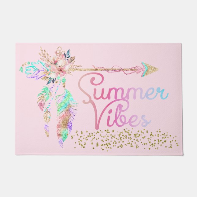 Blush Pink Gold Glitter Boho Feather Summer Vibes Doormat (Front)