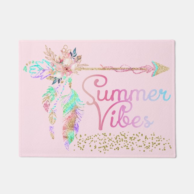 Blush Pink Gold Glitter Boho Feather Summer Vibes Doormat (Front)