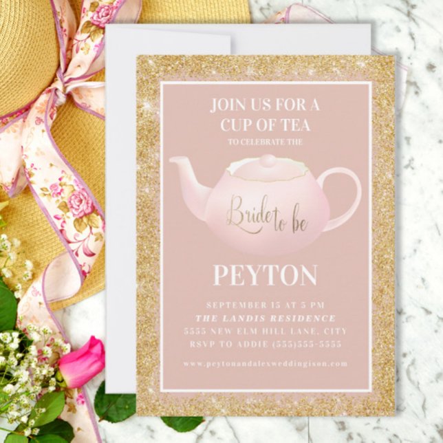 Blush Pink Gold Glitter Bridal Tea Party Shower Invitation (Cute pink and gold Bridal Shower Tea invitation)