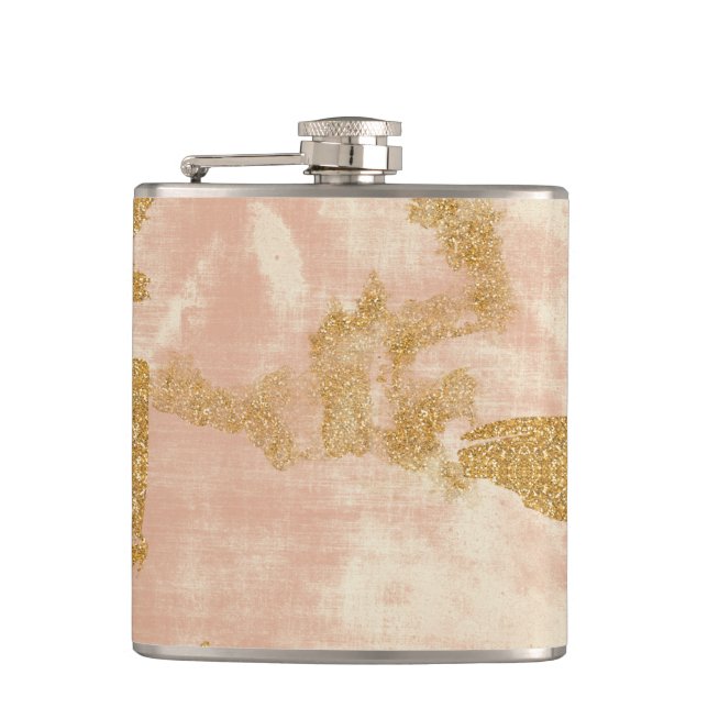 *~* Blush Pink Gold Glitter Distressed Golden Hip Flask (Front)