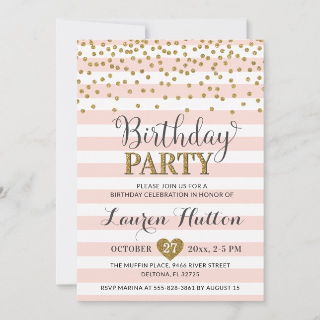 Blush Pink Gold Glitter Elegant Birthday Party Invitation (Front)