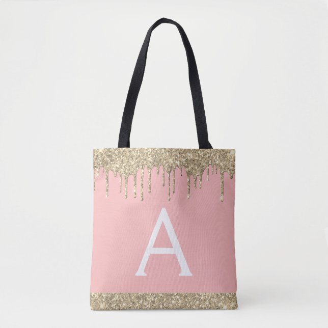 Blush Pink  Gold Glitter Elegant Monogram Tote Bag (Front)