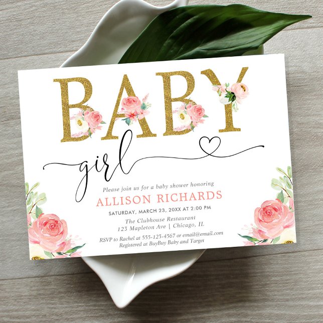 Blush pink gold glitter floral Girl baby shower Invitation (Creator Uploaded)