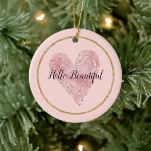 Blush Pink Gold Glitter Glitzy Heart Ceramic Ornament