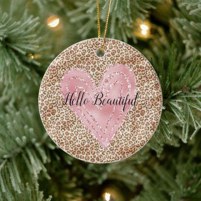 Blush Pink Gold Glitter Heart Leopard Print Ceramic Ornament (Tree)