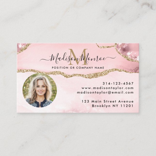 Blush Pink Gold Glitter Logo Photo Agate Monogram Business Card (Front)