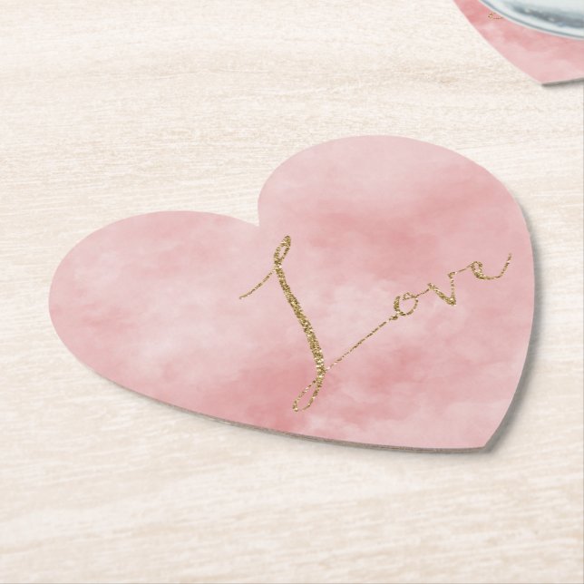 Blush Pink Gold Glitter Love Paper Coaster (Angled)