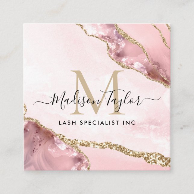 Blush Pink Gold Glitter Marble Agate Chic Monogram Square Business Card (Front)