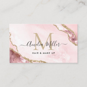 Blush Pink Gold Glitter Marble Agate Monogram QR Business Card