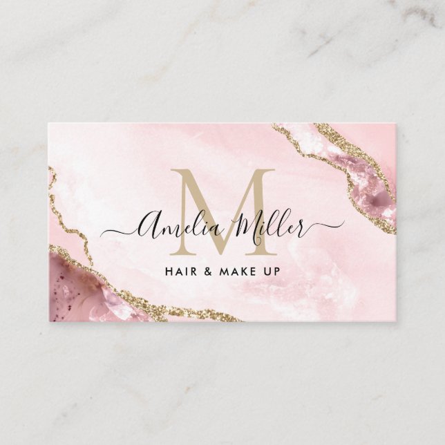 Blush Pink Gold Glitter Marble Agate Monogram QR Business Card (Front)