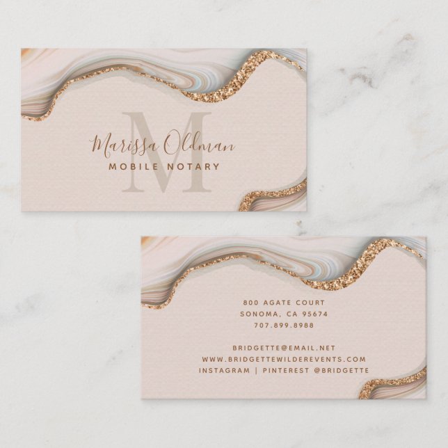 Blush Pink Gold Glitter Marble Agate Notary  Business Card (Front/Back)