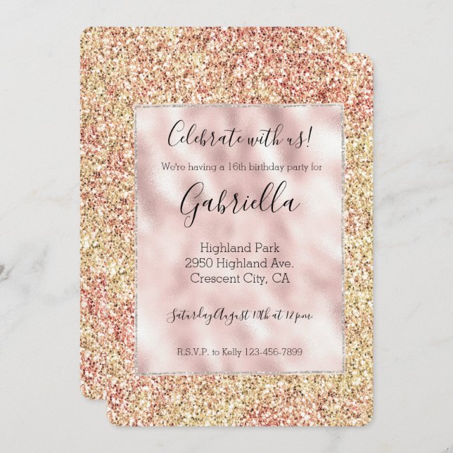 Blush Pink Gold Glitter Ombre Invitation (Front/Back)