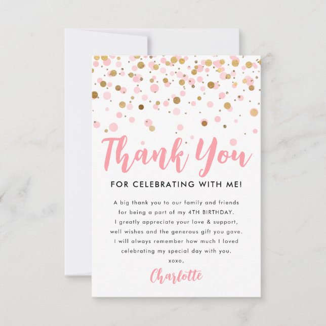 Blush Pink Gold Glitter Sparkle Confetti Birthday Thank You Card (Front)