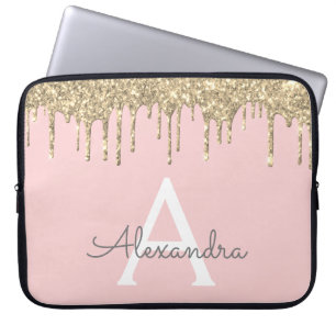 Blush Pink Gold Glitter Sparkle Monogram Laptop Sleeve