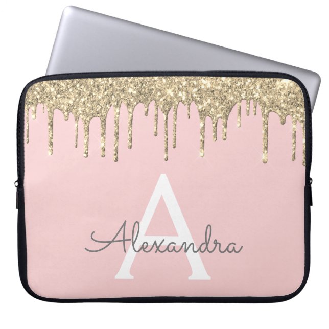 Blush Pink Gold Glitter Sparkle Monogram Laptop Sleeve (Front)