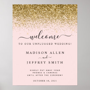 Blush Pink Gold Glitter Unplugged Wedding Welcome Poster