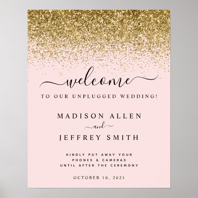 Blush Pink Gold Glitter Unplugged Wedding Welcome Poster (Front)