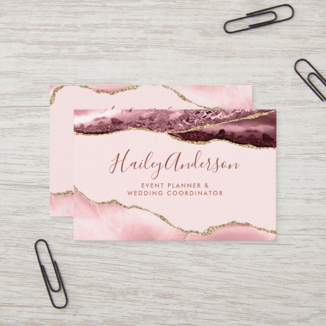 Blush Pink & Gold Glitter Watercolor Gilded Agate Business Card (Front/Back In Situ)