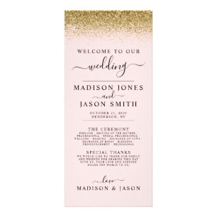 Blush Pink & Gold Glitter Wedding Program Rack Card