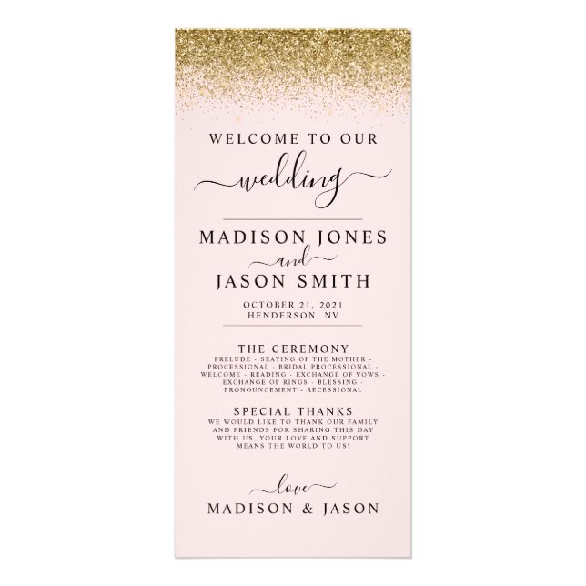 Blush Pink & Gold Glitter Wedding Program Rack Card (Front)