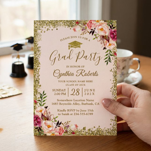 Blush Pink Gold Glitters Floral Graduation Party Invitation (Creator Uploaded)