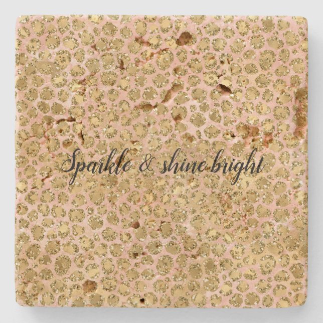 Blush Pink Gold Glitz Leopard Glitter Stone Coaster (Front)