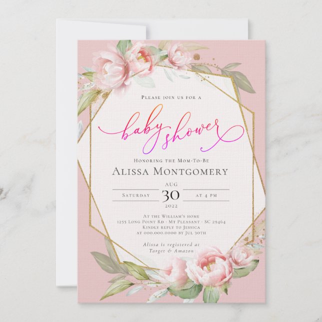 Blush Pink Gold Greenery Baby Shower Invitation (Front)