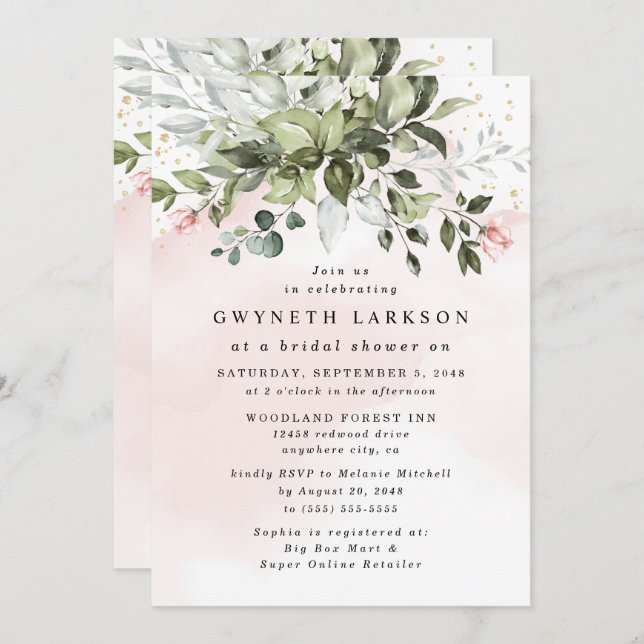Blush Pink Gold Greenery Dusty Blue Bridal Shower Invitation (Front/Back)