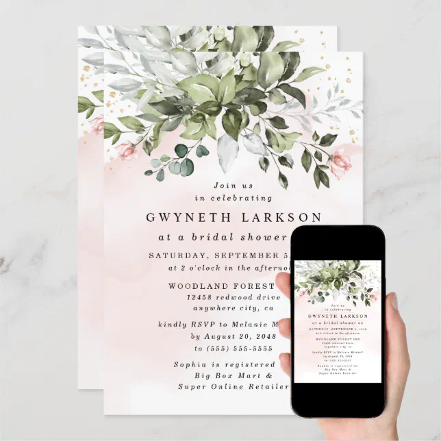 Blush Pink Gold Greenery Dusty Blue Bridal Shower Invitation | Zazzle