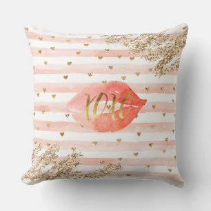 Blush Pink Gold Hearts XOXO Glitter Lips Cushion