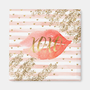 Blush Pink Gold Hearts XOXO Glitter Lips Magnet