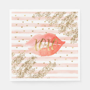 Blush Pink Gold Hearts XOXO Glitter Lips Napkin