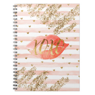 Blush Pink Gold Hearts XOXO Glitter Lips Notebook
