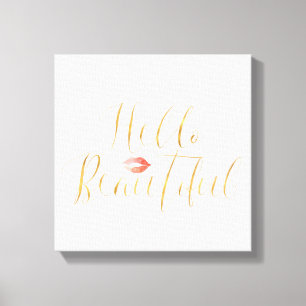 Blush Pink Gold Hello Beautiful Lips Canvas Print