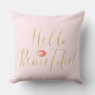 Blush Pink Gold Hello Beautiful Lips Cushion