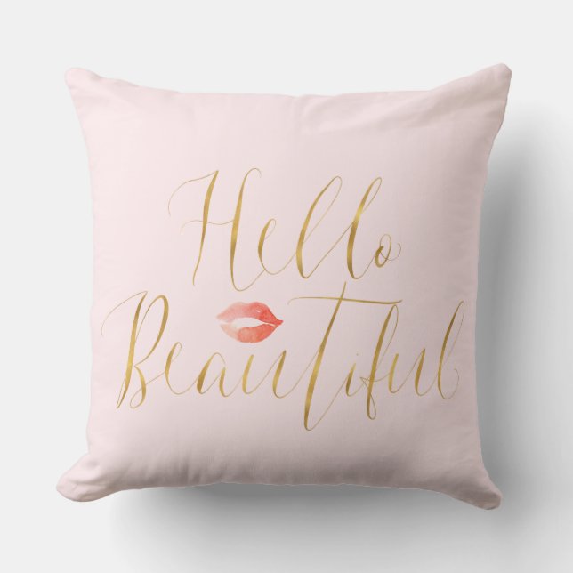 Blush Pink Gold Hello Beautiful Lips Cushion (Front)