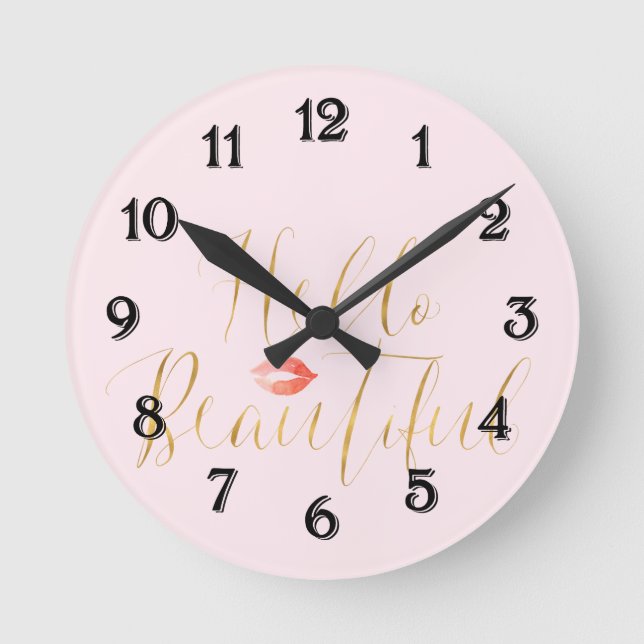 Blush Pink Gold Hello Beautiful Lips Round Clock (Front)