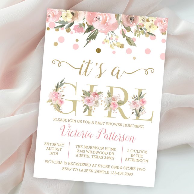 Blush Pink Gold Its A Girl Baby Shower Invitation (Pretty pink and gold it's a girl baby shower invitation with watercolor flowers.)