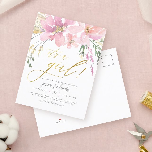 Blush Pink & Gold It's A Girl Floral Baby Shower Invitation Postcard (Creator Uploaded)
