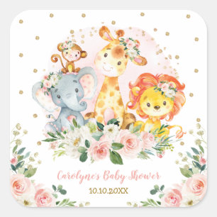 Blush Pink Gold Jungle Animals Watercolor Floral Square Sticker