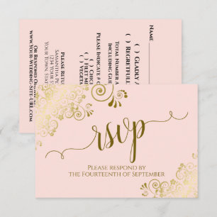 Blush Pink & Gold Lace Elegant Calligraphy Wedding RSVP Card