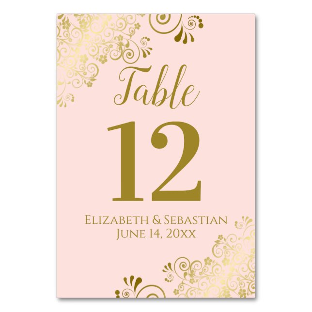 Blush Pink & Gold Lace Elegant Frilly Wedding Table Number (Front)