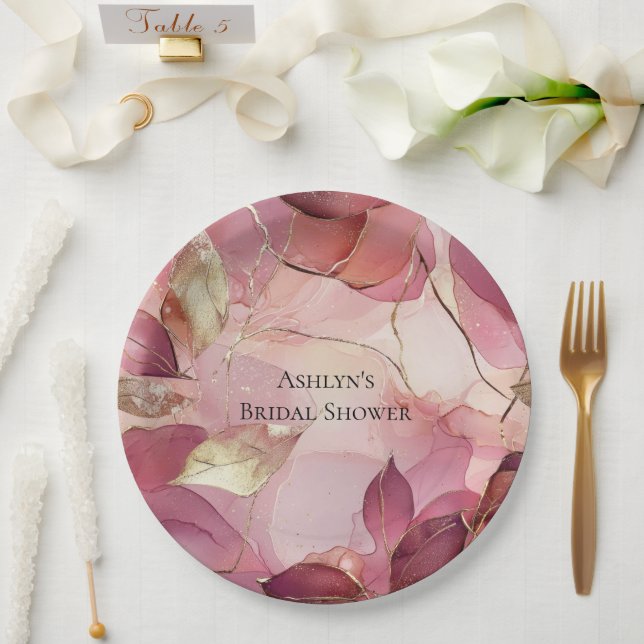 Blush Pink Gold Leaves Bridal Shower Paper Plate (Wedding)