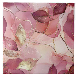 Blush Pink Gold Leaves Ceramic Tile