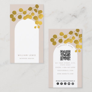 Blush Pink Gold Leaves Modern Arch QR Code Business Card