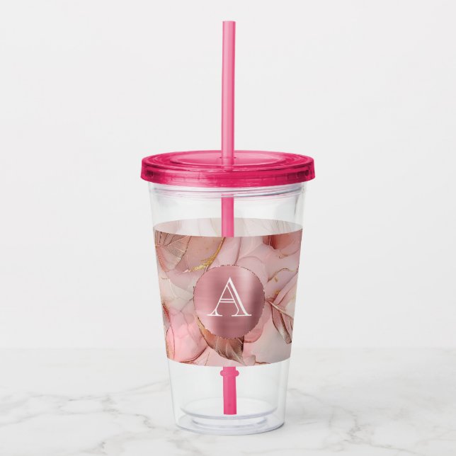 Blush Pink Gold Leaves Monogram Acrylic Tumbler (Front)