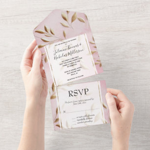 Blush Pink Gold Leaves Wedding All In One Invitation