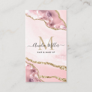 Blush Pink Gold Marble Agate Hair Makeup Monogram Business Card